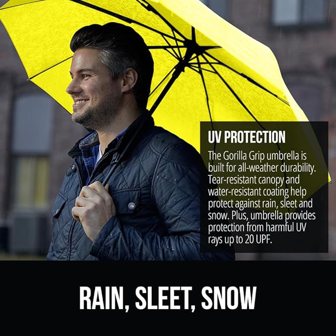 GORILLA GRIP Strong Windproof Stick Compact Umbrella for Rain, One-Click Automatic Open and Close, Durable Quick Dry Waterproof Material, Lightweight and Portable, Travel Size Fits Backpack, Yellow