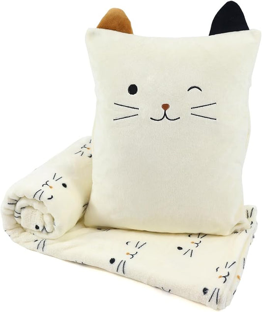 3-in-1 Cat Travel Blanket and Pillow Set for Kids, Soft Snuggle Pillow with Hand Warmer, 40x60 Inch Cute Cat Blanket, Compact for Travel, Camping, Home and Office