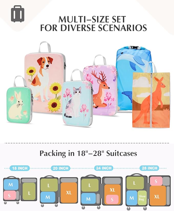 Gonex Compression Packing Cubes, 6pcs Expandable Storage Travel Luggage Bags Organizers with Shoe Bag Laundry Bag, Travel Cubes for Suitcase Carry On (Animals)