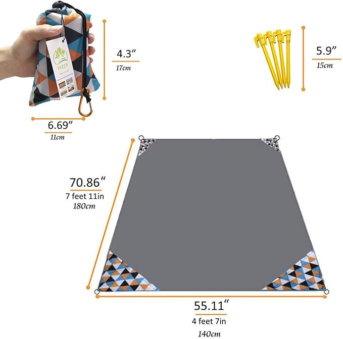 Pocket Blanket 71"x55", Lightweight Compact Sandproof Waterproof Outdoor Blanket for Beach, Hiking, Camping, Travel, Festivals, Picnic with Pockets, Loops, Stakes, Carabiner