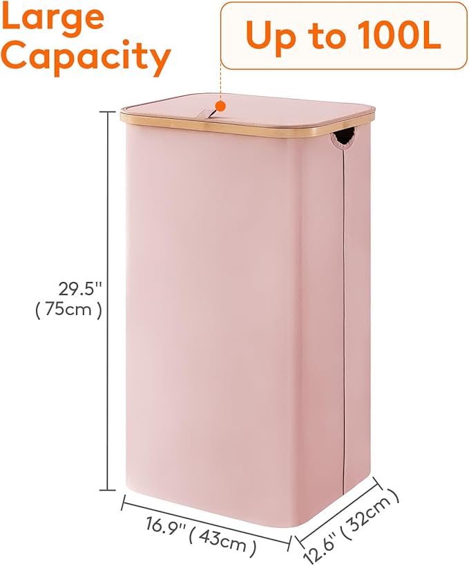 Lifewit 100L Laundry Basket with Lid, Clothes Hampers for Laundry with Bamboo Handles and 1 Removable Bag, Large Foldable Laundry Hamper for Bedroom, Bathroom, Dorm, Laundry Room, Pink