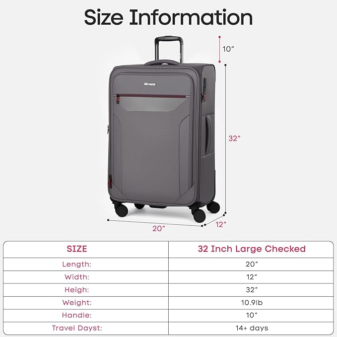 Softside Suitcases with Wheels 32 Inch Luggage,Expandable 20% Luggage w/Spinner Wheels and TSA LOCK,Large Checked Suitcase for Men/Women（Grey,32in）