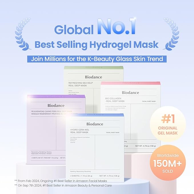 BIODANCE Hydro Cera-nol Real Deep Mask, Hydrating Overnight Hydrogel Face Mask, Moisturizing, Redness Reducing, Quick Soothing, After Sun Care, Sunburn Relief, Korean Skin Care |1.19oz(34g) x4ea