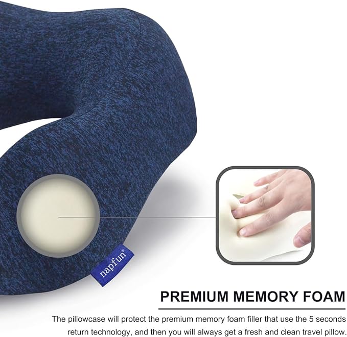 napfun Neck Pillow for Traveling, Upgraded Travel Neck Pillow for Airplane 100% Pure Memory Foam Travel Pillow for Flight Headrest Sleep, Portable Plane Accessories, Blue
