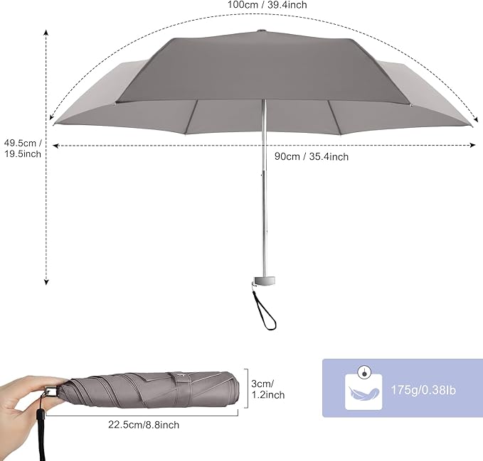Lejorain Travel Mini Umbrella for Purse - Black Compact Durable Cool Teflon Light Weight Flat Backpacking Umbrella Portable Paraguas