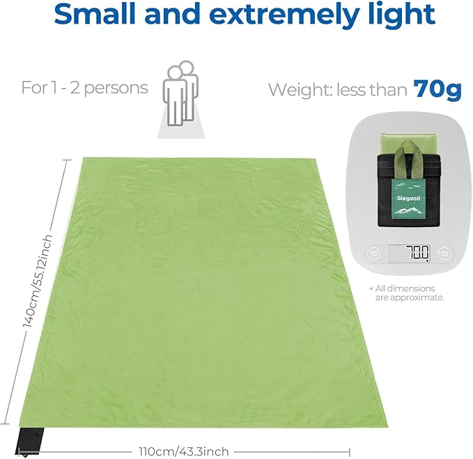 Pocket Picnic Blanket for 1-2 Persons, 43.3x55.12″(2.54oz) Super Light Compact Beach Blanket, SandProof Waterproof Portable Beach Picnic Mat for Outdoor Hiking Camping Travel Festival (Green)