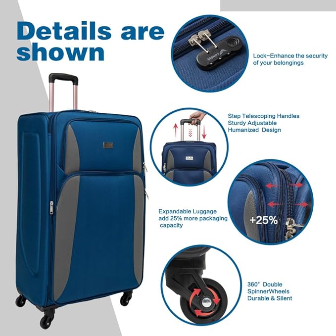 Lispin Luggage Set Softshell Expandable 4 Piece Suitcase with Wheels Softside Lightweight Travel Carry on Luggage (Navy Blue + Polyester)