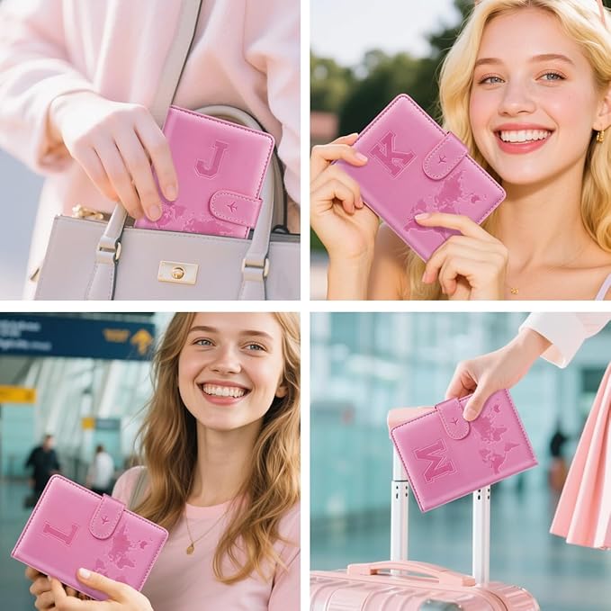 Passport Holder Cover Initail Letter A-Z Travel Wallet Embossed Design RFID Blocking Card Holder Personalized Gift Passport Cover Wallet, Passport Book Holders for Women and Girls, Pink-K