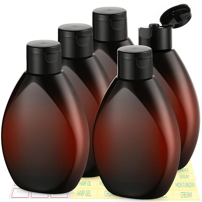 Plastic Squeeze Bottles with Flip Cap 6.9oz 5 Pack Leak Proof Shampoo and Conditioner Containers Travel Essentials for Shampoo Conditioner Body Wash(Brown)