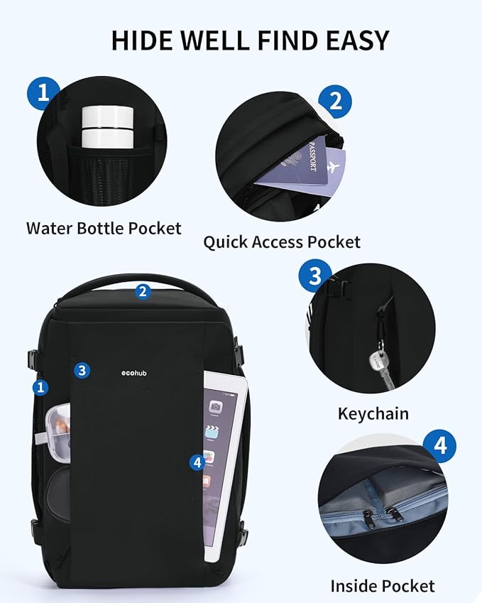 ECOHUB 40L Carry-On Travel Backpack, TSA-Friendly, Anti-Theft Water-Resistant Lightweight with 17.3″ Laptop Compartment, Durable PFAS-Free Rucksack, Black