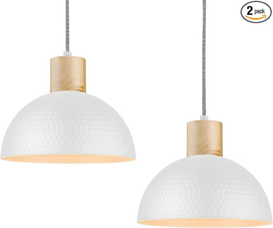 ELYONA 2 Pack Hammered Pendant Lights, 12" Modern Metal Dome Hanging Lamp Solid Wood Pendant Light Fixtures for Kitchen Island, Farmhouse, Dining Room, Sink, Bedroom, Hallway, Japandi White