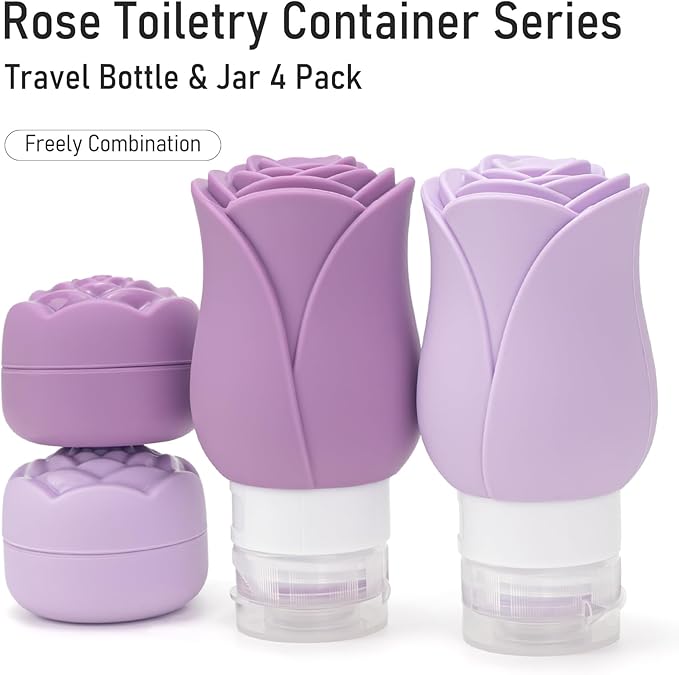 Travel Containers Bottle for Toiletry 4 Pack 3oz Leakproof TSA Approved & Refillable Mini Cream Jars, Silicone Squeeze Tube Rose Bottles for Shampoo Lotion Body Wash BPA Free +Bag, Purple Rose