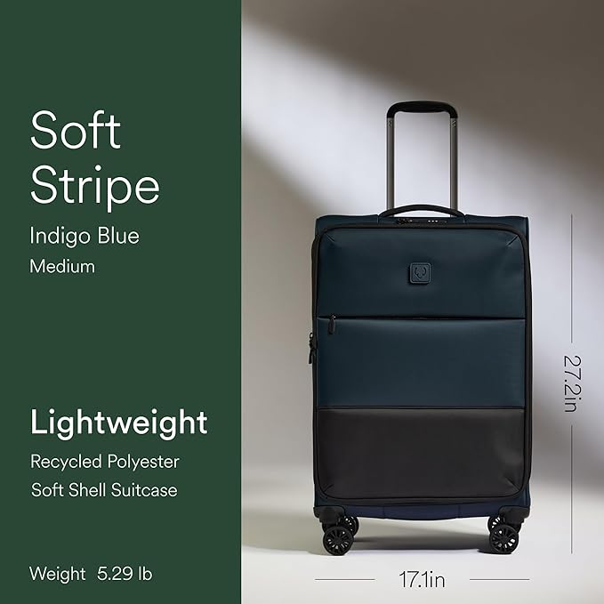 ANTLER - Soft Stripe Medium Luggage - 27" Softside Suitcase, Adjustable Handle, 4 Spinner Wheels, Lightweight, Expandable, TSA Lock - Recycled Polyester Luggage - 71cm, Indigo Blue