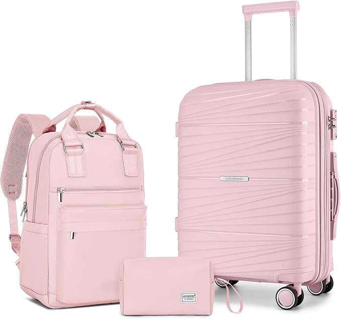 LARVENDER Luggage Sets 3 Piece, Expandable Carry On Luggage 22x14x9 Airline Approved, 20 Inch Hardshell & Lightweight PP Carry On Suitcase for Women with Spinner Wheels TSA Lock, Light Pink