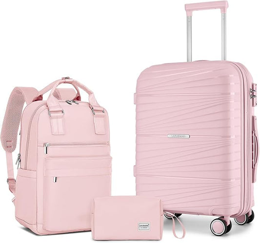 LARVENDER Luggage Sets 3 Piece, Expandable Carry On Luggage 22x14x9 Airline Approved, 20 Inch Hardshell & Lightweight PP Carry On Suitcase for Women with Spinner Wheels TSA Lock, Light Pink