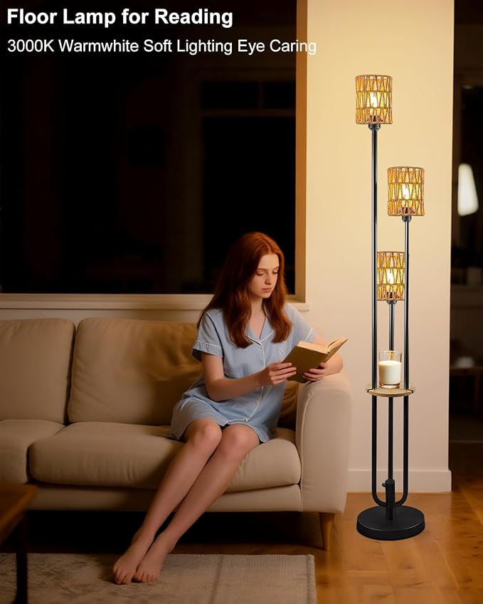 Lightdot Dimmable Boho Floor Lamps for Living Room 3-Lights 3000K Rattan Floor Lamp with Shelves Farmhouse Floor Lamp Rustic Black Standing Lamp with 5Lbs Heavy Base for Sofa Beside/Corner Decor