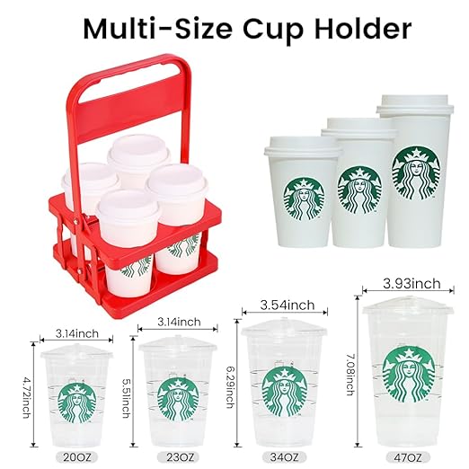 Bodaon 4 Cup Drink Carrier with Handle, Plastic Cup Carriers for Drinks, Drink Holder for Car, Take Out Delivery Drivers Accessories, Portable Foldable Reusable Mobile, Use for Food Delivery Bag, Red