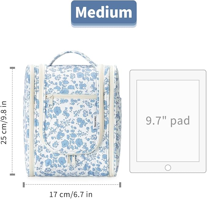 Narwey Hanging Toiletry Bag Women Travel Makeup Bag Organizer Toiletries Bag for Travel Size Essentials Accessories Cosmetics (Medium,Blue Flower)