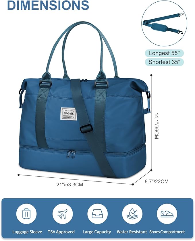 BAGAIL Travel Duffel Bag, Weekender Bags for Women, Overnight Gym Carry On Tote Bag with Wet Pocket, Hospital Mom Bag for Labor and Delivery - Extra Large, Peacock Blue