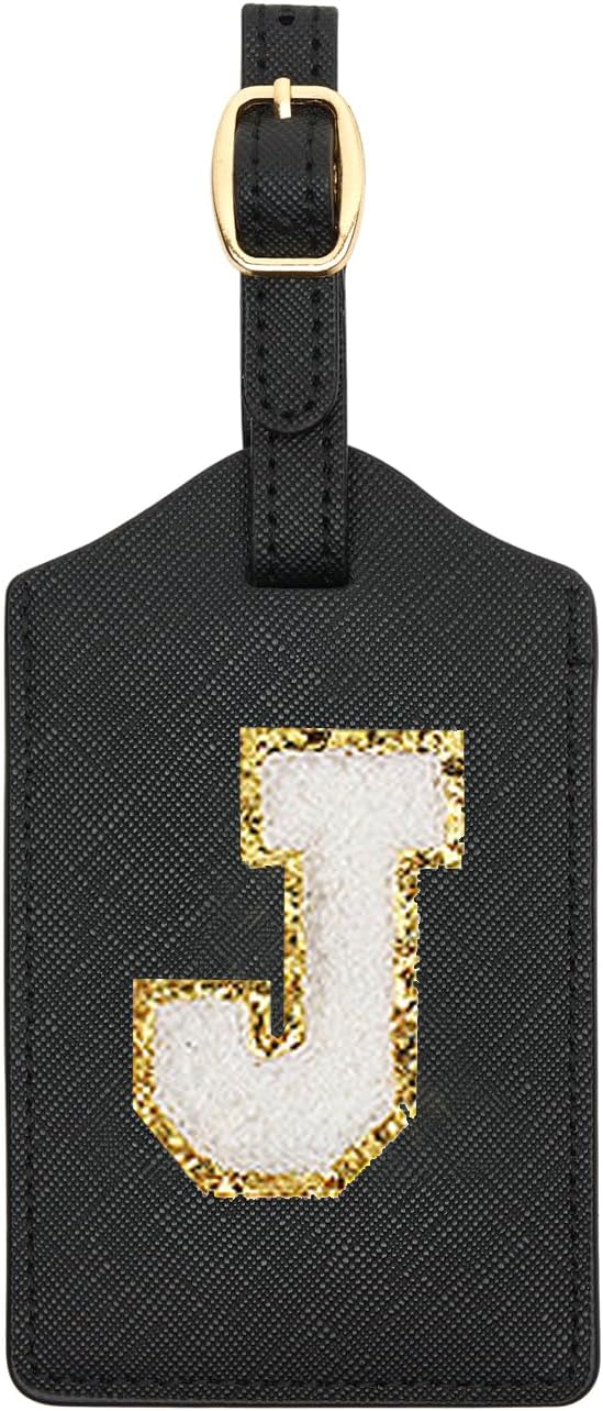 Initial Luggage Tag, PU Leather Luggage Tag, Embroidered Luggage Tag, Letter Luggage Tag, Monogrammed Luggage Tag, Luggage Tag for Baggage Bag Suitcase (J, Black Leather+White Letter)