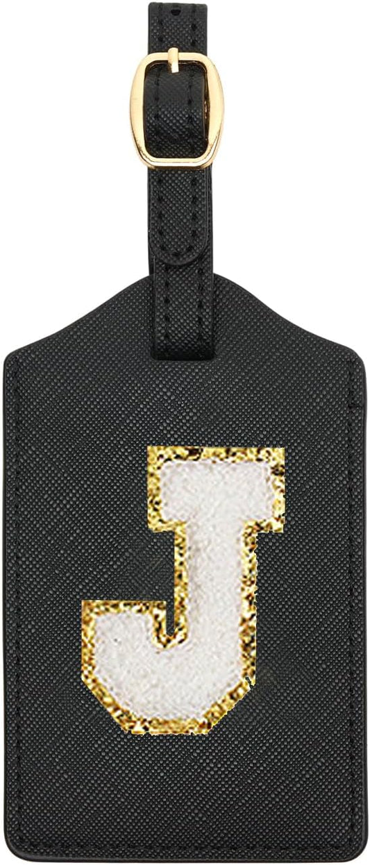 Initial Luggage Tag, PU Leather Luggage Tag, Embroidered Luggage Tag, Letter Luggage Tag, Monogrammed Luggage Tag, Luggage Tag for Baggage Bag Suitcase (J, Black Leather+White Letter)