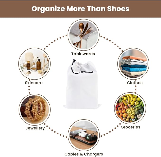 LFH Cotton Rich Shoe Storage Bags with Drawstring, Dustproof Breathable Reusable Organizer, Perfect For Travel, Dorm, Hotel, College, Gym, Easy to Carry, Machine Washable 12"x17" (Pack of 4) - White