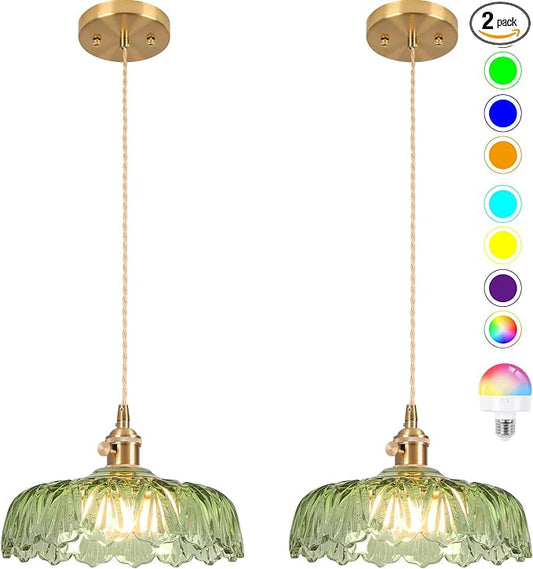 Battery Operated Pendant Light,Vintage Light Fixtures RGB Light Bulb 2500mAh 9.4in Green Modern Chandelier with Remote Control Wireless Adjustable Rechargeable Chandelier for Kitchen Island 2Pack