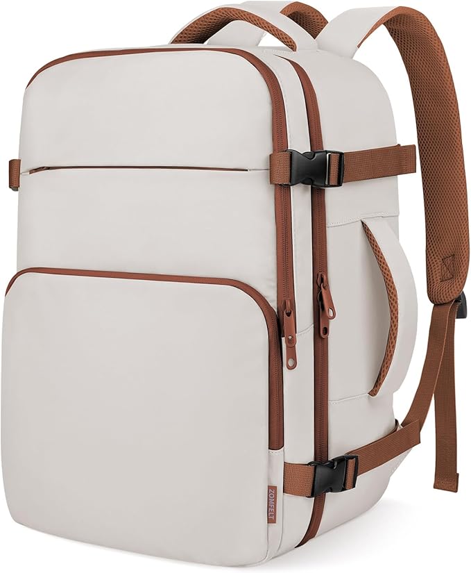 ZOMFELT Travel Backpack for Women Men, Carry On Backpack, TSA 15.6inch Laptop Backpack Flight Approved, Personal Item Travel Bag Nurse Bag Casual Daypack for Weekender Business Trip, Khaki White