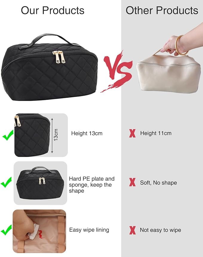 Relavel Travel Makeup Bag, Large Capacity Cosmetic Bag for Women, Waterproof Portable Makeup Pouch with Separate Makeup Brush Board, Wide Open Flat Toiletry Bag - Black