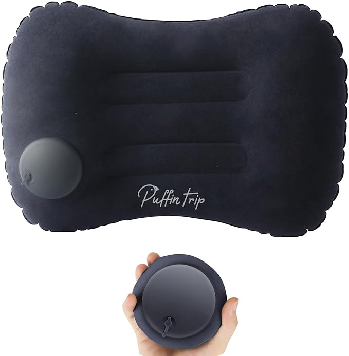 Ultralight Inflatable Travel Pillow Press to Inflate Compressible Neck and Lumbar Support While Camping Driving Sleeping Dark Blue