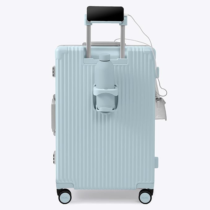 Nobl Travel Zipperless Check In Suitcase - Aluminum Frame, Medium Check In luggage 27x17.5x10.4 Airline Approved by Noble Travel - Polycarbonate Shell - TSA Locks, 360° Spinner Wheels - Powder Blue