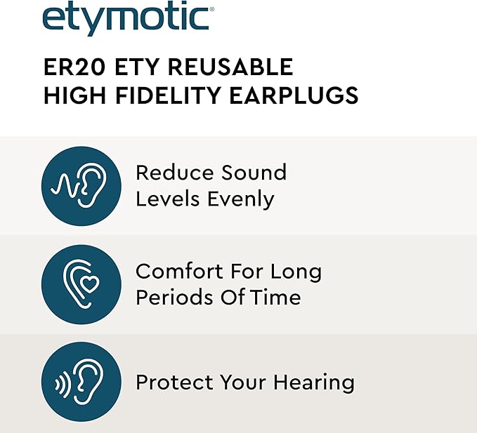 Etymotic ER20 ETY Earplugs - Standard Size, Clear - High-Fidelity Hearing Protection - Up to 20 dB Sound Reduction - Reusable - Includes Neck Cord & Carrying Case