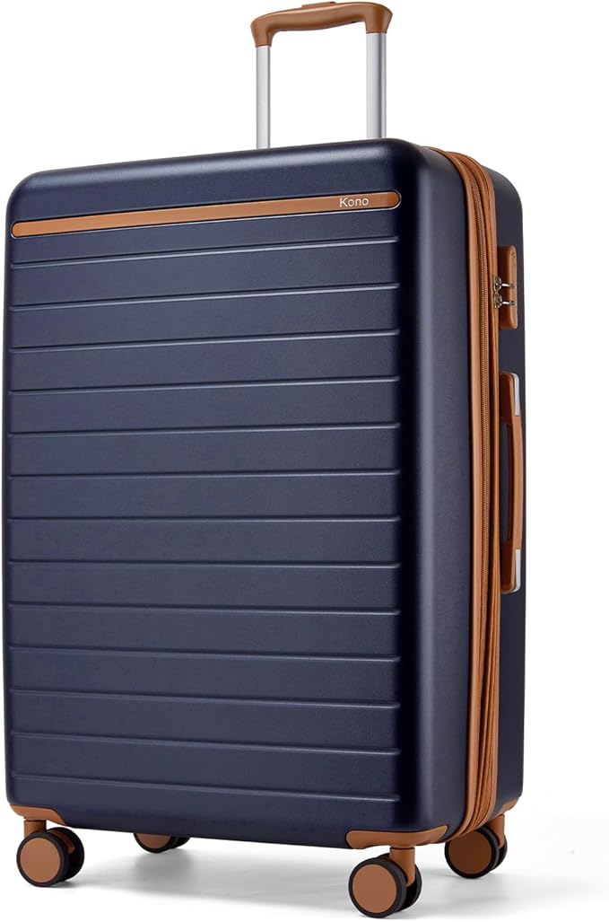 Kono 28 Inch Large Suitcase, Expandable for Long Trips, Impact-Resistant ABS+PC & Silent Wheels, Black, Lightweight Hardshell Luggage, Smooth Rolling Spinner Suitcase for Travel，Navy/Brown