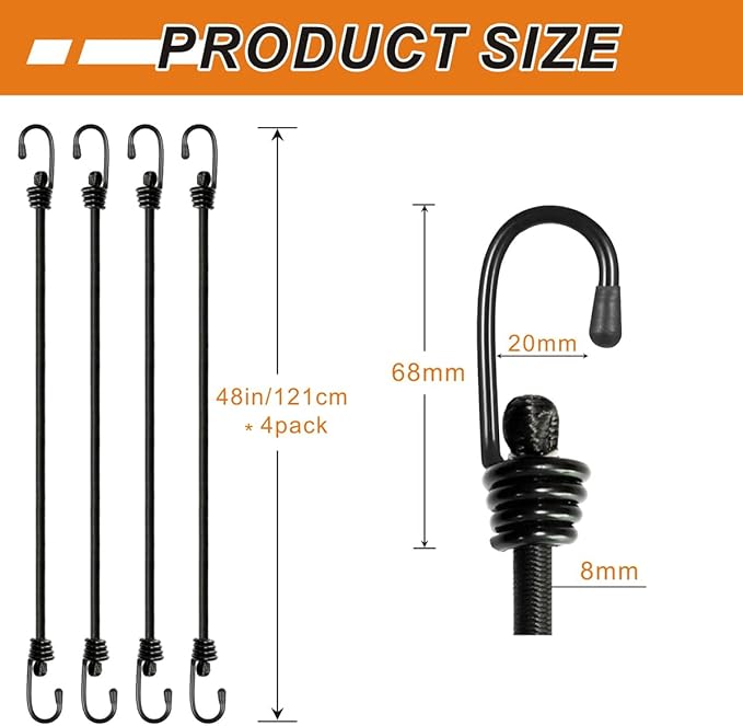 BEXSLE Bungee Cords with Hooks, Heavy Duty Outdoor Elastic Bungee Straps，No Odour Industrial Grade Bungee Rope for Securing Tarps, Luggage, Tents, Bikes or Garden Tidying 48inch 4Pcs (Black)