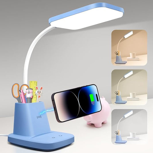 LED Desk Lamp with 10W Wireless Charging & Pen Holder, Blue | CRI 95, 800LM, Stepless Dimming, 3 Modes, 360°Flexible Arm, Touch, Study Table Lamp for Home Office, Dorm Room, with Adapter