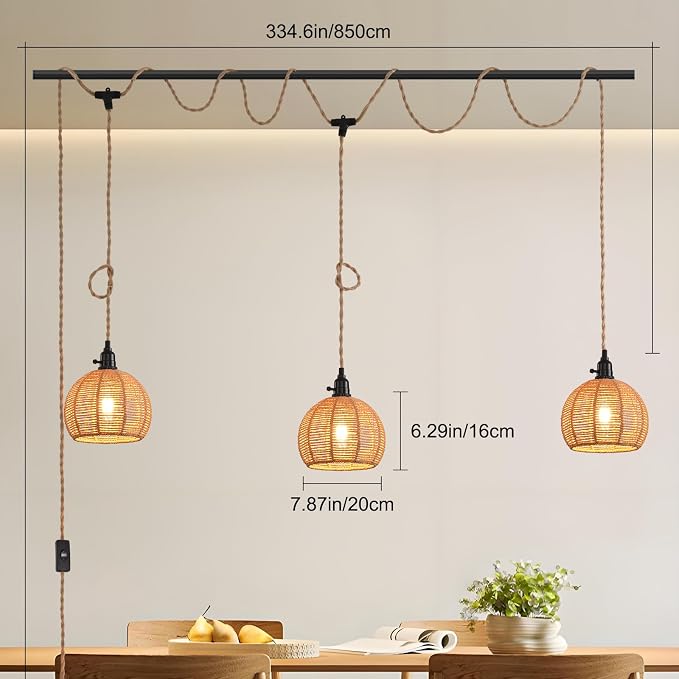 3-Light Hanging Light with Plug in Cord,Plug in Pendant Light 22ft Hemp Rope Pendant Lighting Vintage 3-Light Hanging Lamp Fixtures for Kitchen Island Living Room Bedroom