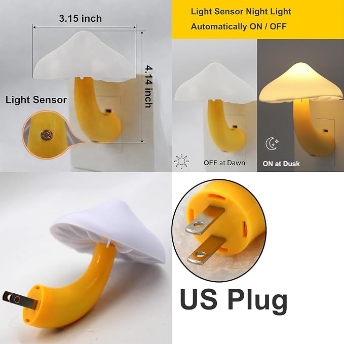 LED Mushroom Night Light Plug in Lamp, Light Sensor Night Lights Plug into Wall, Dusk to Dawn Sensor Night Light for Adults Kids Room Bedroom Bathroom Hallway Kitchen (3, Warm White)