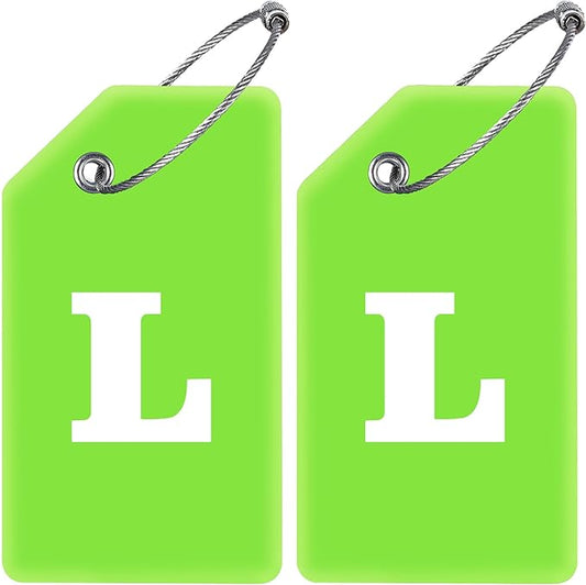Gostwo 2 Pack Silicone Luggage Tags for Suitcases, 26 Initial Letter Baggage Labels Handbag School Bag Suitcase Instrument Tag with Stainless Steel Loop(Green)(Letter L)