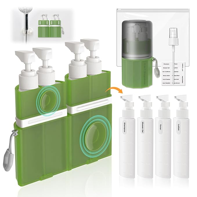 Travel Bottles for Toiletries, TSA Approved Travel Shampoo and conditioner Bottles with Suction Cups, Green