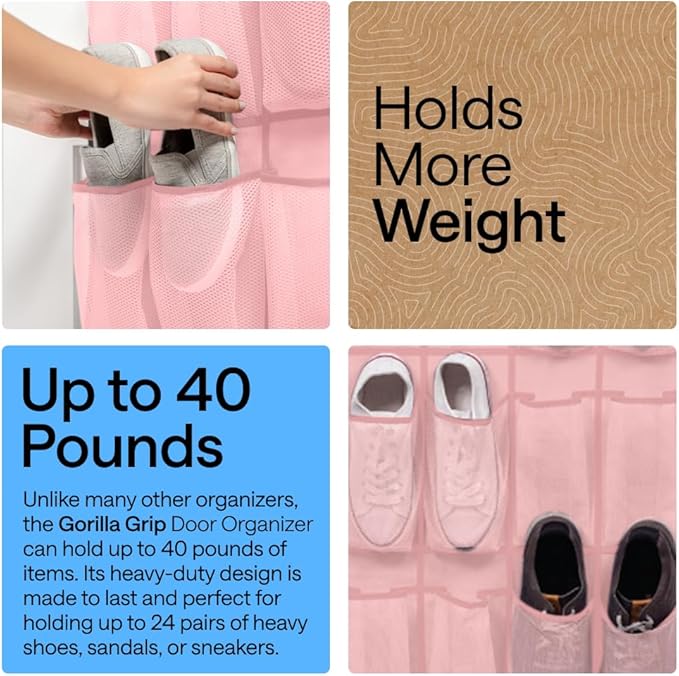 GORILLA GRIP Over the Door Shoe Organizer, 24 Large Breathable Mesh Pockets, Space Saving Hanging Storage Holder, Closet Rack Hanger Holds Up to 40 lbs, Hangs on Closets for Shoes, Accessories, Pink