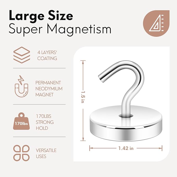 Neosmuk Magnetic Hooks, Heavy Duty 170lb Strong Magnets for Cruise Cabins, Ship Essentials, Large Metal Hooks for Hanging on Fridge(Silver,Pack of 6)