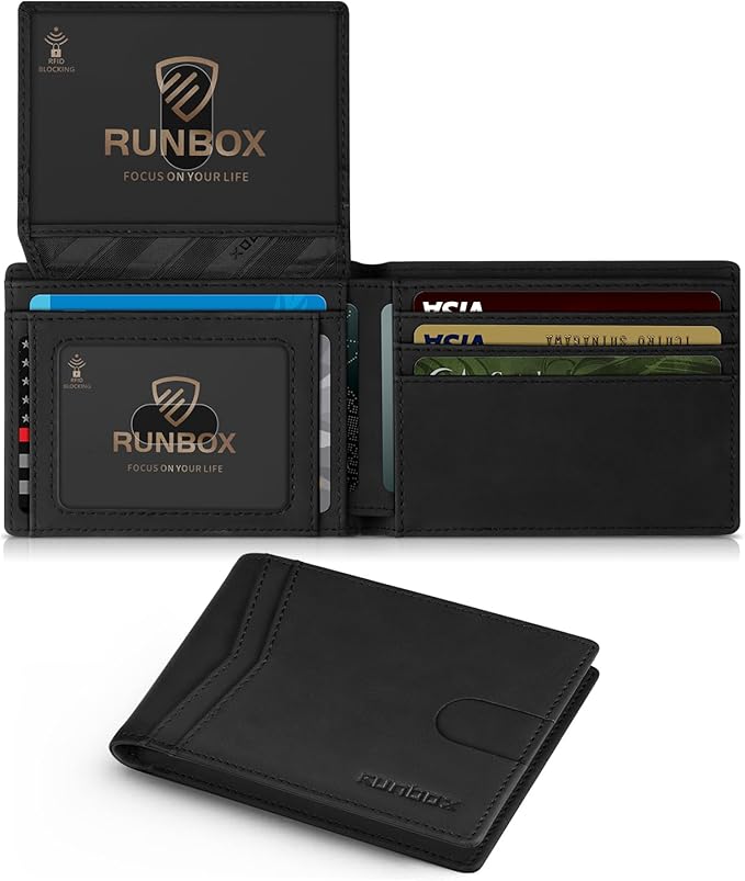 RUNBOX Wallet for Men Slim Rfid Leather 2 ID Window With Gift Box | Slim, Rfid, 2 ID Window, With Gift Box, Slim, Rfid