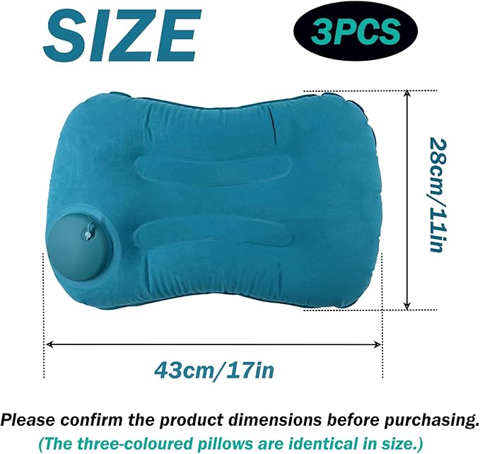 3 Pack Inflatable Camping Pillow - Ultralight Travel Air Pillows for Neck Lumbar Support, Press-to-Inflate Design, Blow Up Pillow for Camping, Hiking, Backpacking (Grey, Malachite Green, Light Blue)