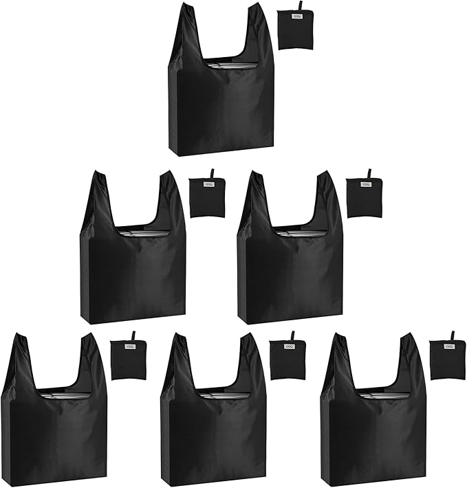Large Reusable Bags Shopping Washable Foldable 6 Pack Grocery Bags Heavy Duty Lightweight Folding Gift Tote Bags Durable Polyester Black
