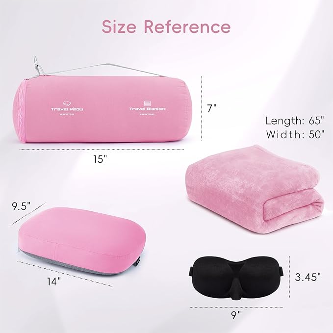 4-in-1 Travel Pillow & Blanket Set with Eye Mask, Memory Foam Neck Support, 50x65 Inch Blanket, Storage Bag for Airplane, Car, Train, Home Travel Pink