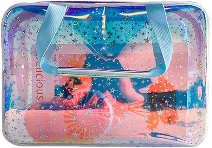 TPU Holographic Blue Clear Star Large Cosmetic Bag and Travel Pouch with Handle,Durable TPU Material,Zipper Design-Ideal for Makeup,Travel Essentials (Holographic Blue)
