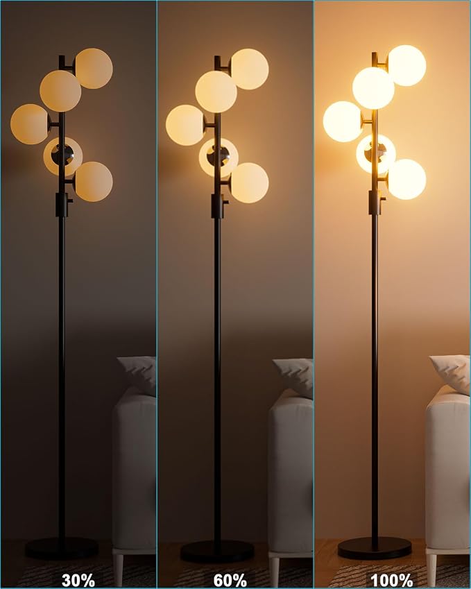 Lightdot 5-Globe Dimmable Globe Floor Lamp Black Standing Lamps with 5Pcs 3000K Bulbs Included Brightness Adjustable Retro Mid Century Modern Floor Lamp with 5Lbs Base for Living Room/Sofa Beside