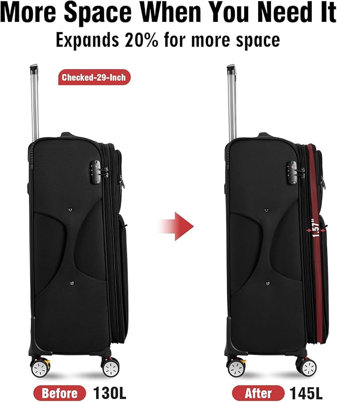 VJI Softside Expandable Checked Luggage with Spinner Wheels, Lightweight Fabric Suitcase with TSA Lock, Smooth Rolling Travel Luggage for Business and Vacation, 29 Inch