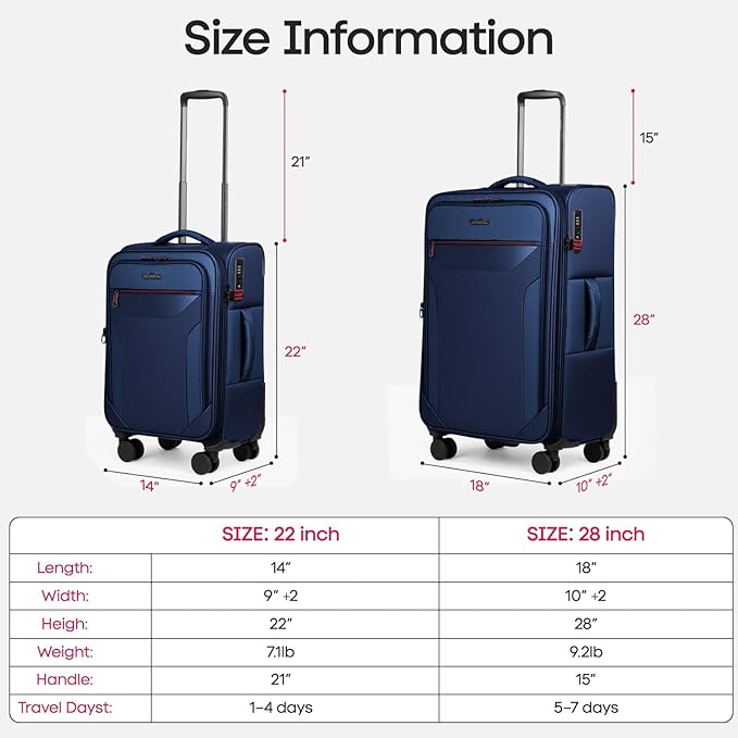 2PCS Set（22in/28in）Softside Luggage Sets w/TSA LOCK,Expandable 20% Luggage w/Spinner Wheels,Upright Spinner Softshell,Lightweight Durable Rolling Travel Luggage Set for Men/Women（Navy,22in/28in）