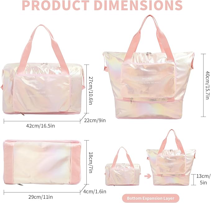 IwIeIaIrI Weekender Overnight Bags for Women Men,Waterproof Lightweight Foldable Gym Duffel Dance Bag for Girls Kids Women Weekend Travel with Laser Color (Pink)